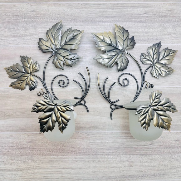 PartyLite Antique Grape Leaf Sconce Pair Frosted Glass Votives Autumn Vibes - Picture 1 of 16